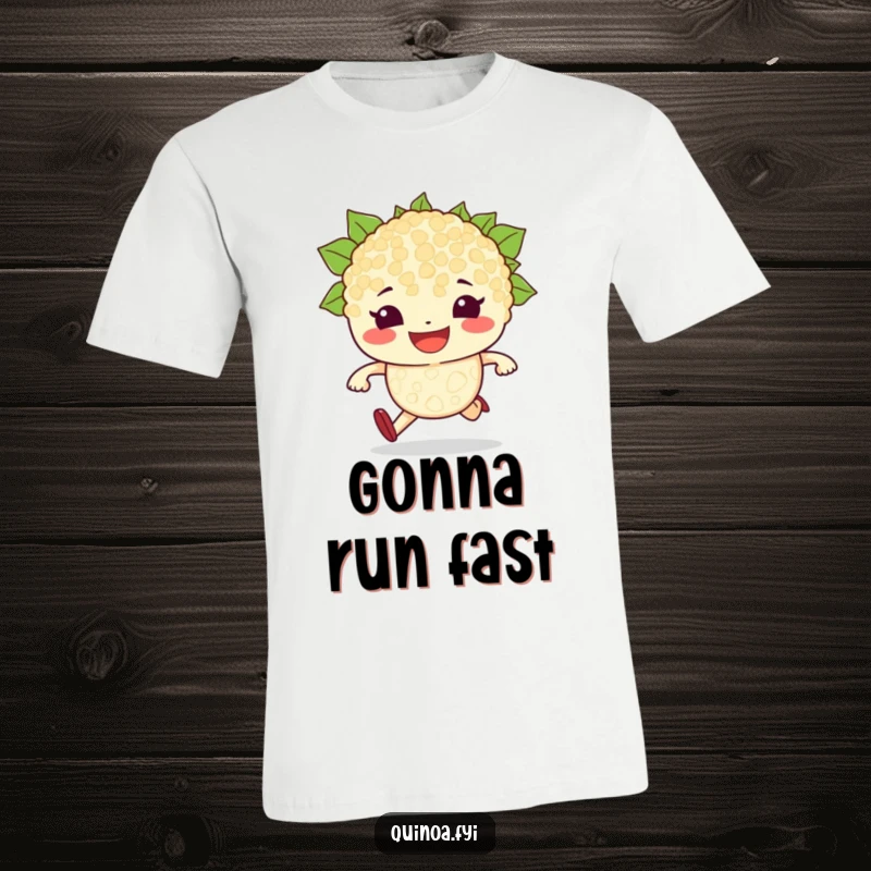 Funny t-shirt design featuring a beaming, determined quinoa grain character with a grin, ready to sprint in a race, perfect for fitness lovers.