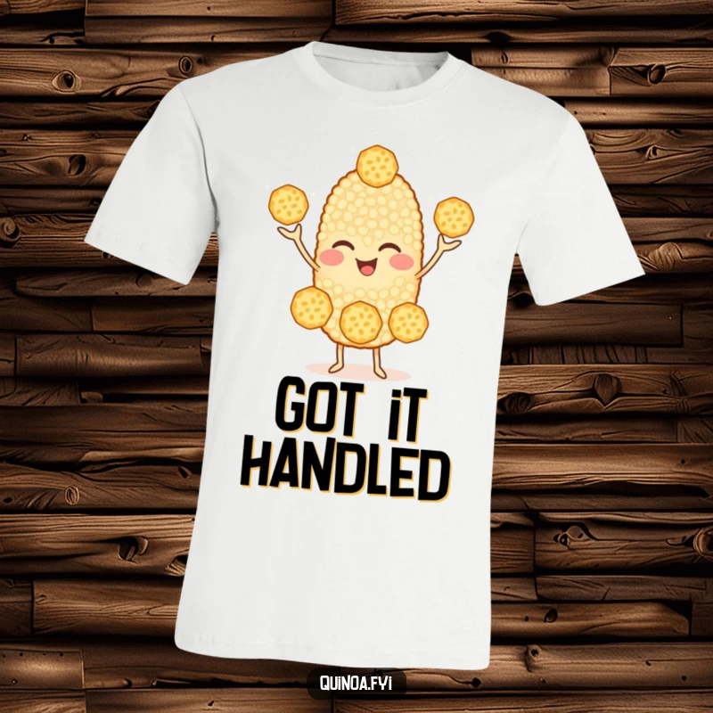 Funny Quinoa T-Shirt: A cheerful quinoa character winking while juggling three smaller quinoa grains, showcasing playful skill.