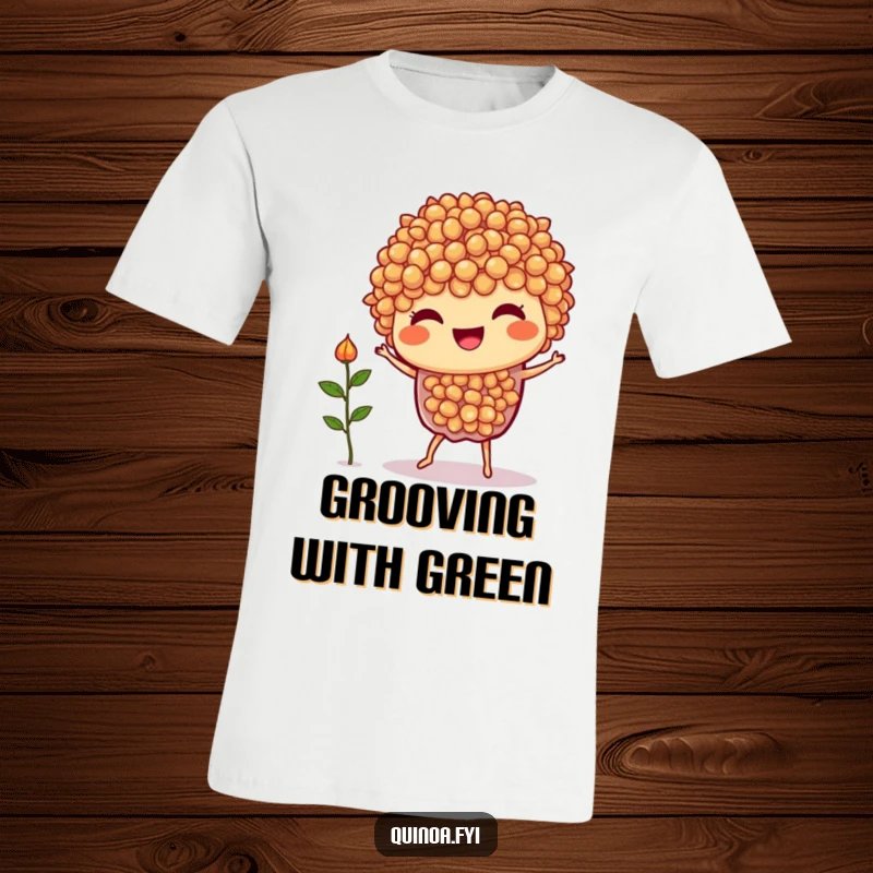 Funny Quinoa Dance T-Shirt: A joyful quinoa character energetically performing a silly dance alongside a tiny sprout, radiating pure glee.