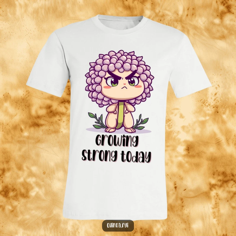 Funny t-shirt showcasing a determined quinoa sprout standing tall with a firm expression, representing strength and unwavering focus.