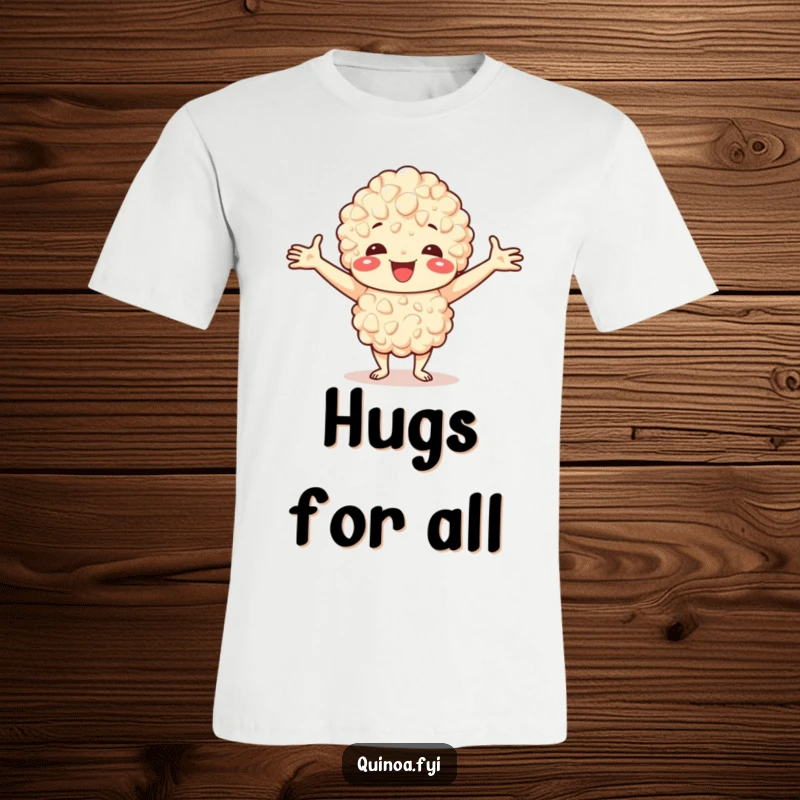 Funny t-shirt showcasing a cheerful quinoa character with open arms, radiating pure happiness and welcome.