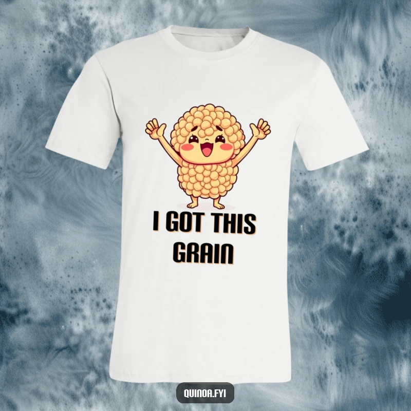 Funny Quinoa T-Shirt: Determined quinoa cluster with arms raised embodies motivation and a healthy fighting spirit.