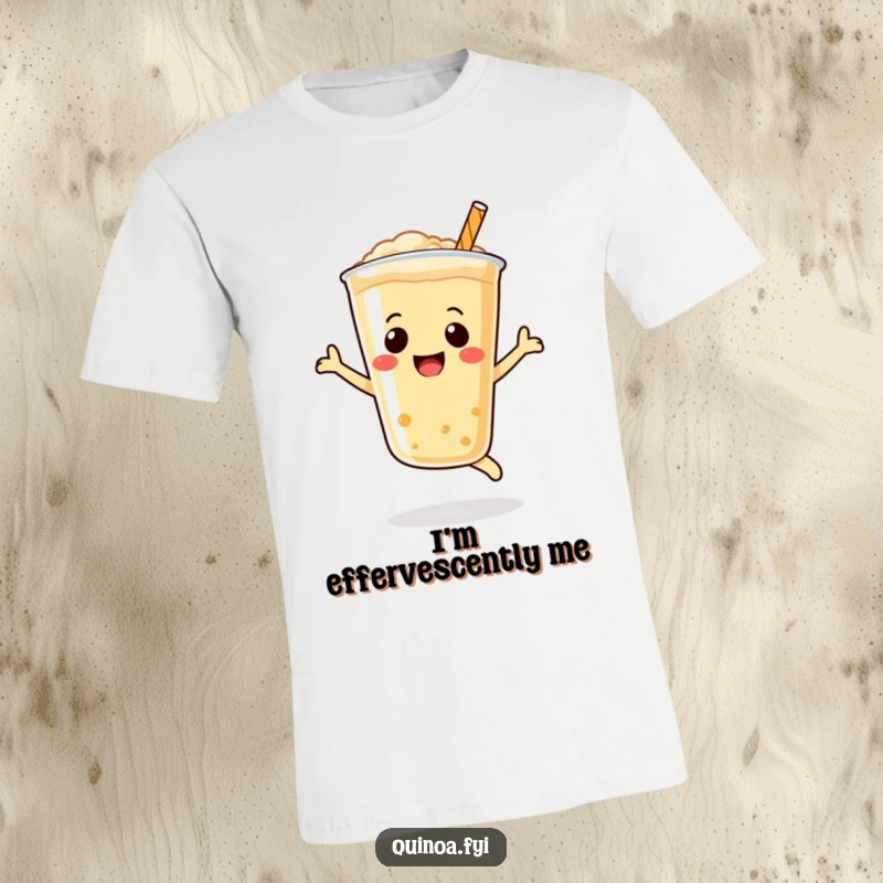 Funny Quinoa Drink Smiley Face T-Shirt, a happy bubbly drink performing a joyful leap, ideal funny gift.