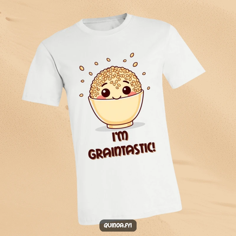 Funny Quinoa T-Shirt featuring a beaming happy face juggling seeds, a humorous take on healthy food.