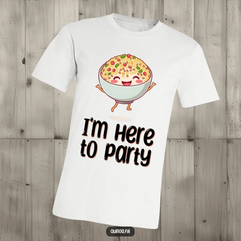 Funny quinoa dance t-shirt featuring a grinning bowl of quinoa with tiny noodle legs performing a joyful, silly dance, vibrant and humorous apparel.