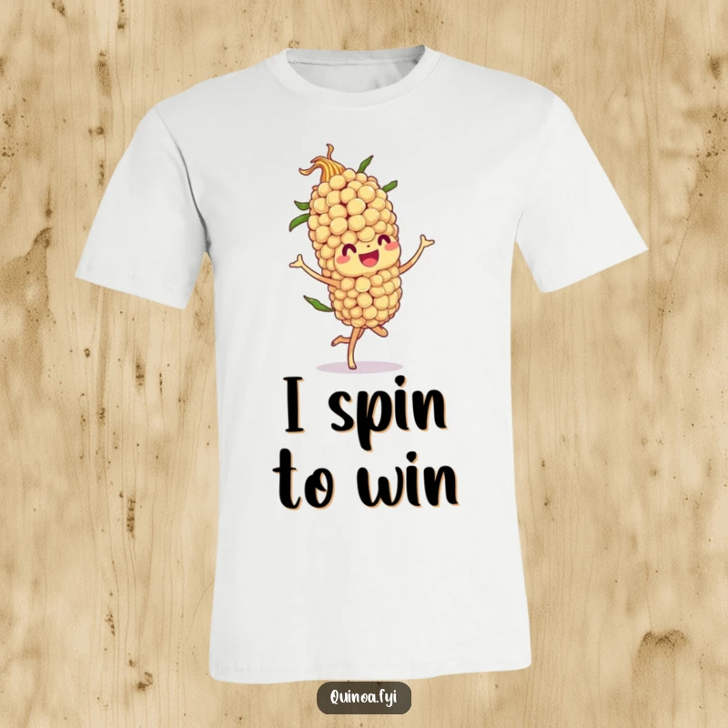 Funny t-shirt with a jovial quinoa stalk character doing a flamboyant twirl, perfect for spreading cheer and good vibes.