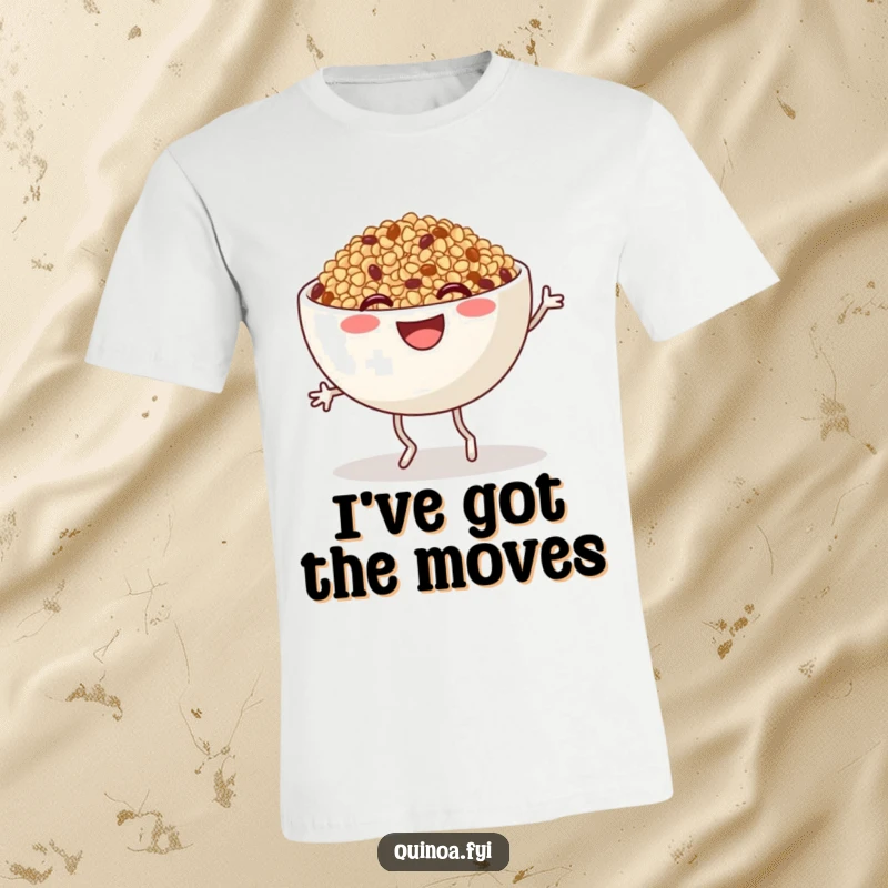 Funny Quinoa T-Shirt: A smiling anthropomorphic quinoa bowl with legs enthusiastically doing a jig, celebrating healthy food with humor.