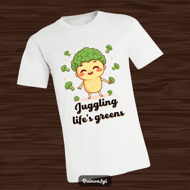 Funny Quinoa Juggling T-Shirt: A curious quinoa character with a happy grin expertly juggles several tiny broccoli florets.