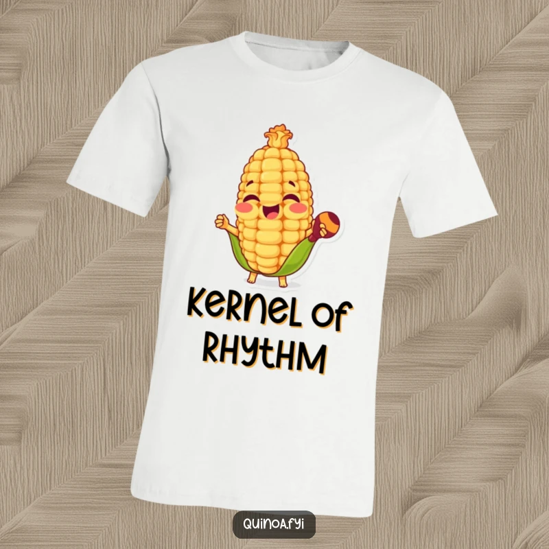 Funny t-shirt featuring a happy anthropomorphic corn kernel enthusiastically playing maracas, creating a celebratory and musical vibe.