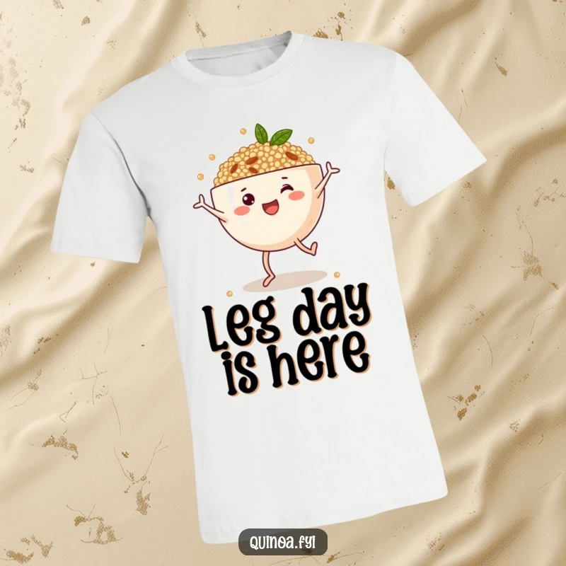 Funny t-shirt showcasing an anthropomorphic quinoa bowl with legs performing cartwheels with a joyful expression, perfect for healthy lifestyle humor.
