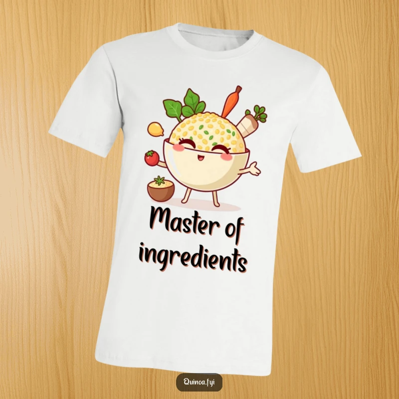 Funny t-shirt depicting a winking quinoa bowl character expertly juggling three small cooking ingredients, representing kitchen multitasking.