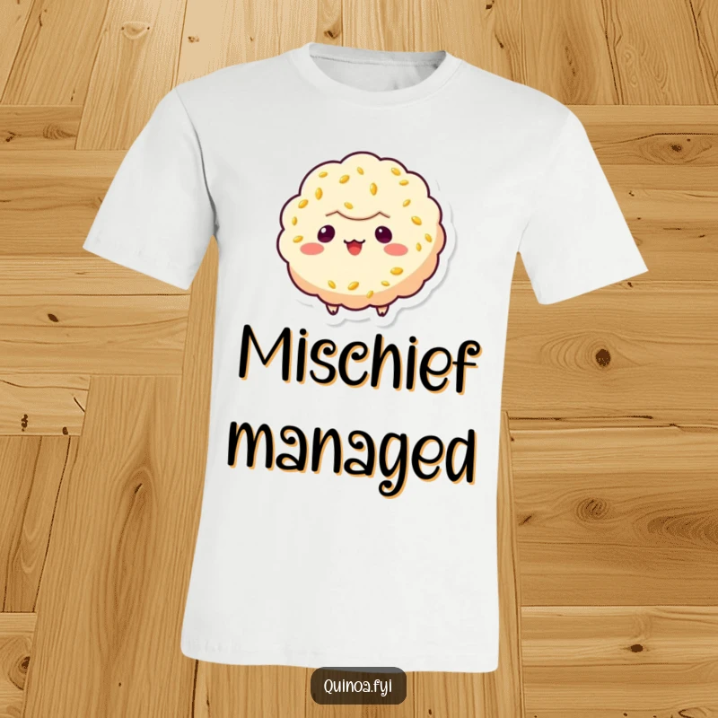 Funny quinoa puff t-shirt, showing a floating puff with a mischievous grin, perfectly capturing a playful and cheeky personality.