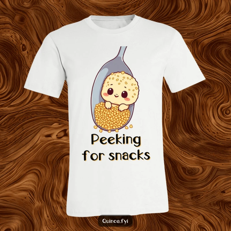 Funny t-shirt featuring a curious quinoa character peeking mischievously around a comically oversized spoon.