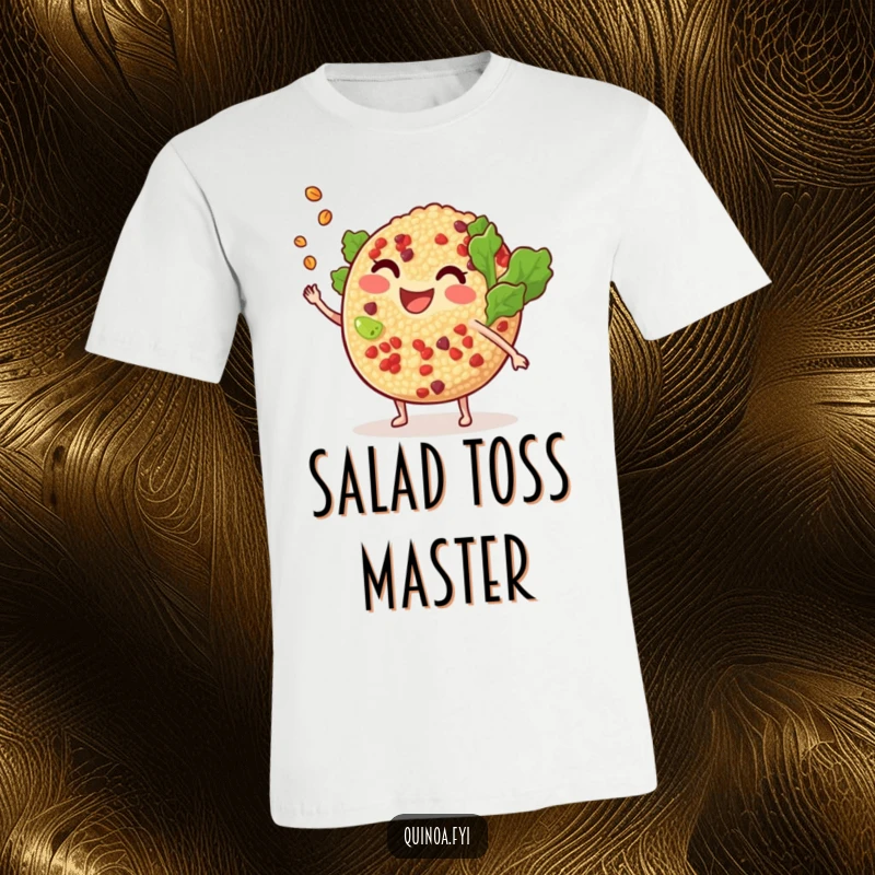 Funny smiling, anthropomorphic quinoa salad tossing a tiny grain, depicted mid-toss with a joyful expression, celebrating healthy ingredients.