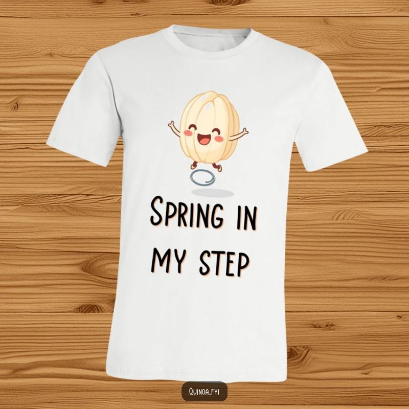 Funny t-shirt featuring a smiling anthropomorphic grain of rice joyfully bouncing high on a miniature spring, radiating happiness and fun.