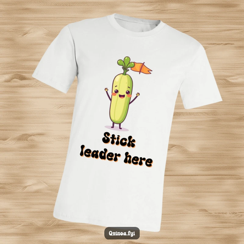 Funny t-shirt featuring a delighted anthropomorphic vegetable stick waving a small flag, embodying joy and celebratory spirit.