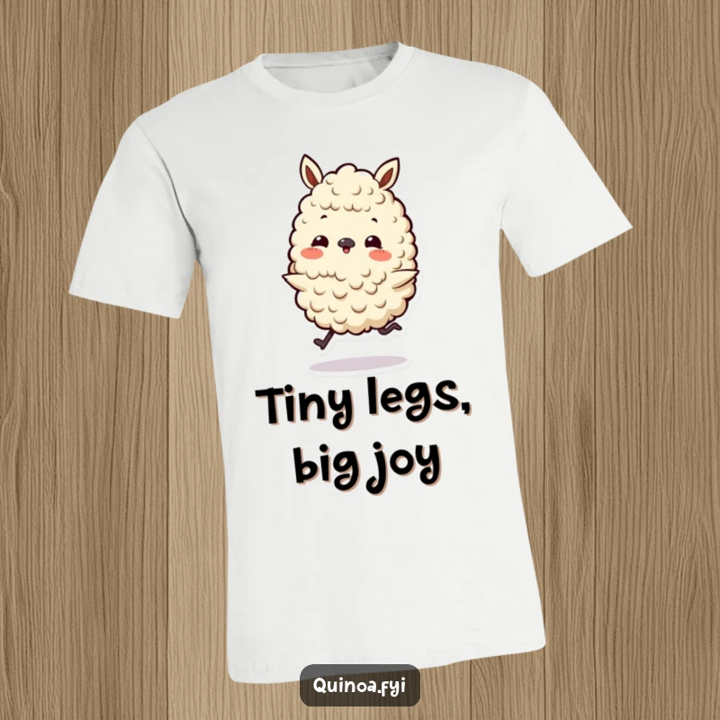 Funny t-shirt with a playful quinoa character on tiny legs doing a happy skip, perfect for cheerful everyday wear.