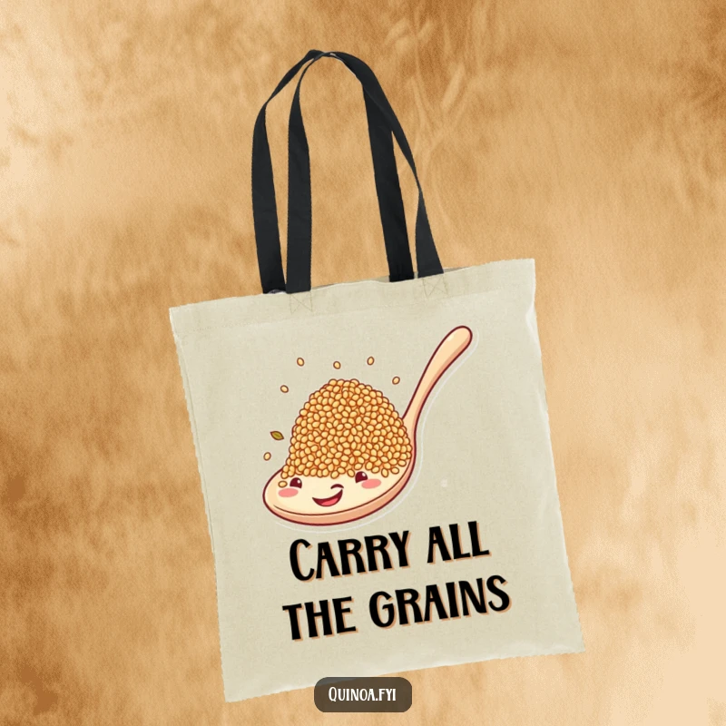 Funny tote bag illustrating quinoa grains joyfully journeying on a massive, smiling spoon, a humorous take on healthy eating.