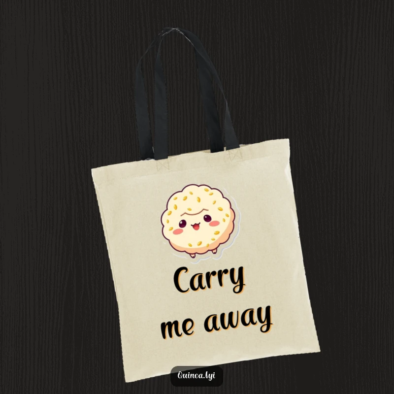 Funny quinoa puff character tote bag, depicted floating with a mischievous smile, ideal for carrying everyday items with a playful flair.