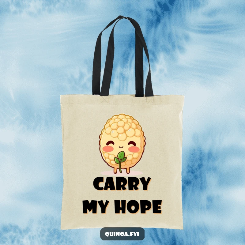 Funny tote bag featuring a blushing quinoa character shyly offering a tiny sprout, perfect for sweet, everyday use.