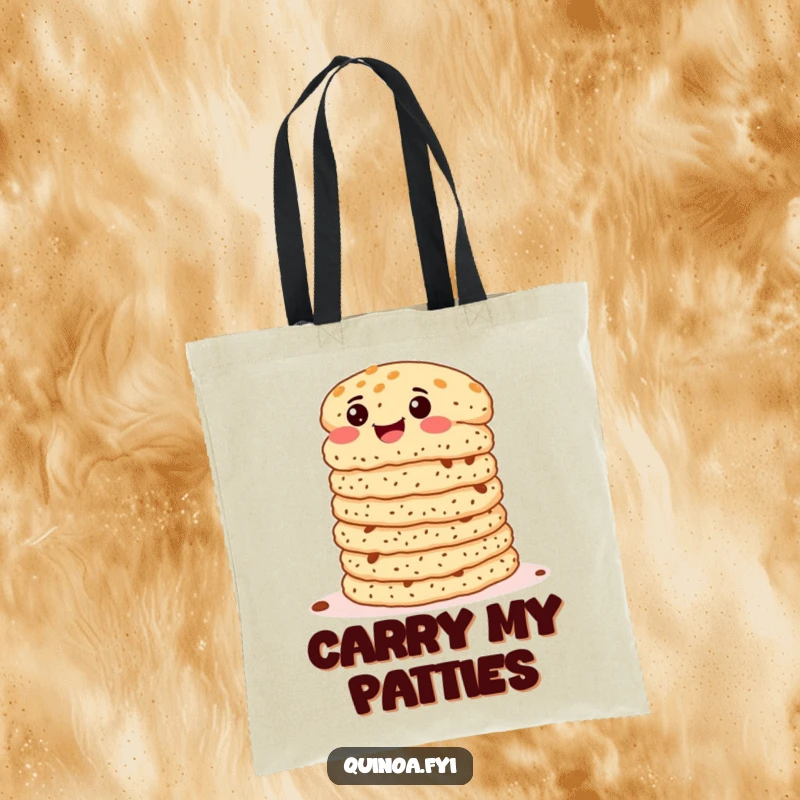 Funny Quinoa Patties Tote Bag showing a stack of patties wiggling with glee, a humorous and practical accessory for food lovers.