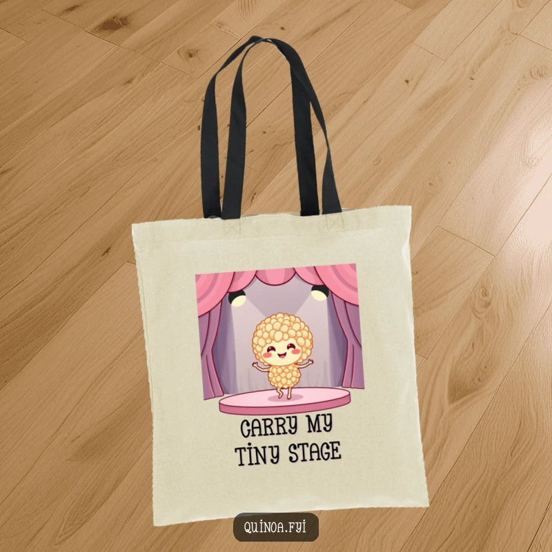 Funny quinoa dancer tote bag illustrating a smiling quinoa cluster performing a joyful dance on a tiny stage, perfect for carrying humor.