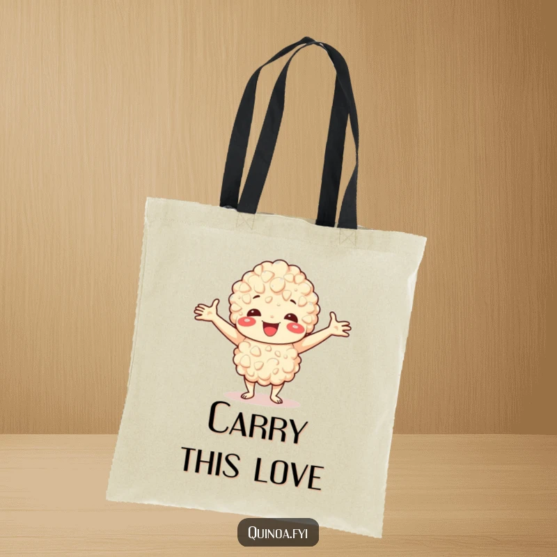 Funny tote bag featuring a happy quinoa character with outstretched arms, perfect for stylish, friendly errands.