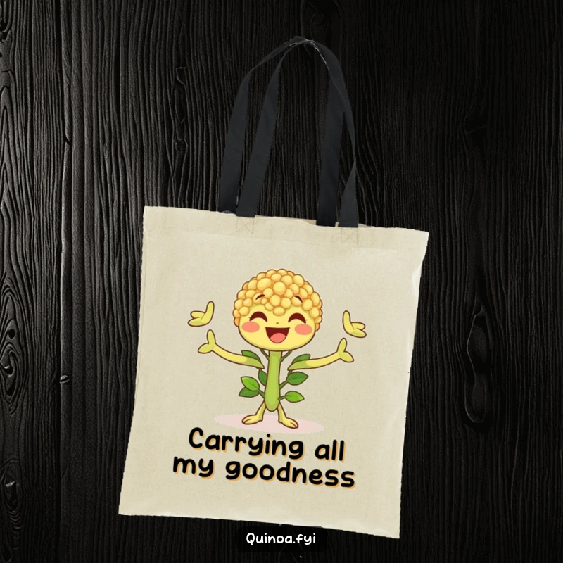 Funny Quinoa Plant Tote Bag with a happy character extending leafy arms, perfect for carrying groceries with a smile.