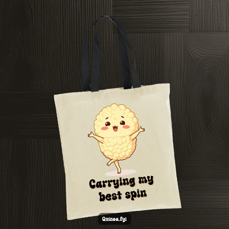 Funny Quinoa Cluster Tote Bag with a happy character executing a pirouette, ideal for carrying items with flair and joy.