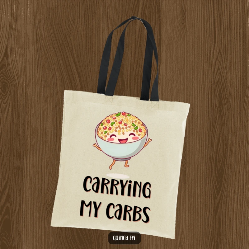 Funny quinoa dance tote bag featuring a grinning bowl of quinoa with stubby noodle legs doing a silly dance, a practical and humorous accessory.