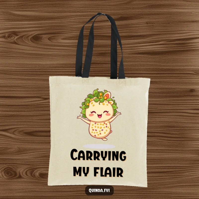 Funny anthropomorphic quinoa salad winking and twirling joyfully, a humorous and stylish tote design.