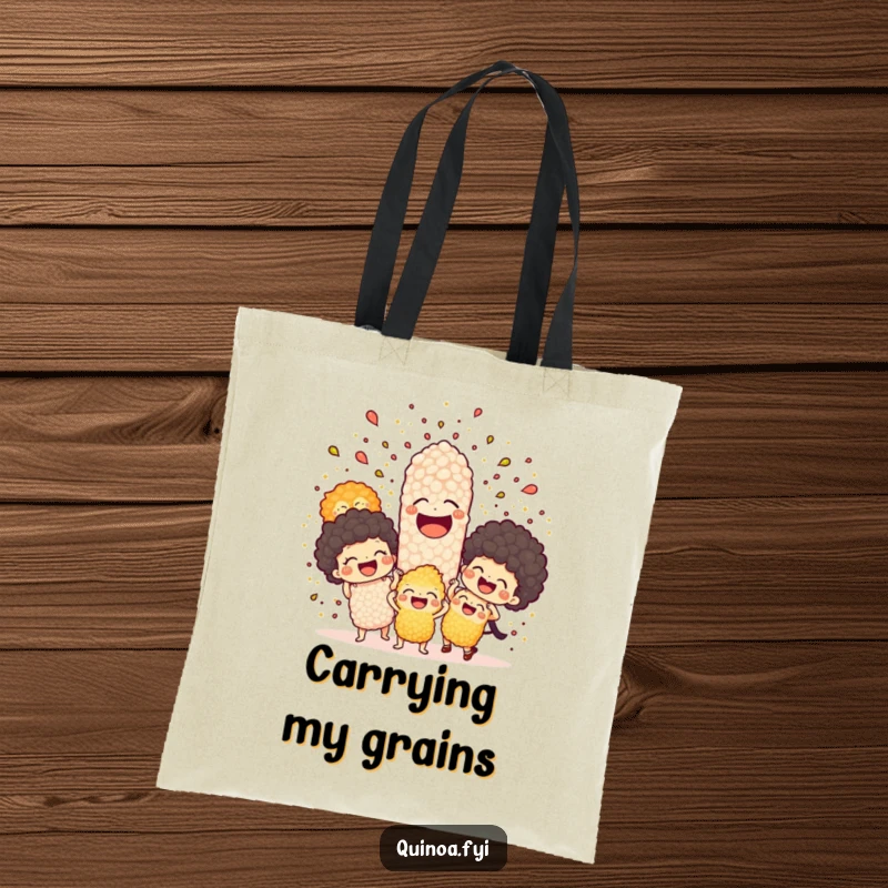 Funny tote bag showcasing a vibrant explosion of joyful quinoa characters laughing heartily, perfect for carrying groceries with humor.