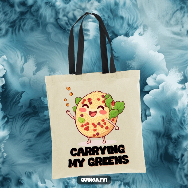 Funny smiling, anthropomorphic quinoa salad tossing a tiny grain tote bag, showcasing a playful design for carrying fresh ingredients.