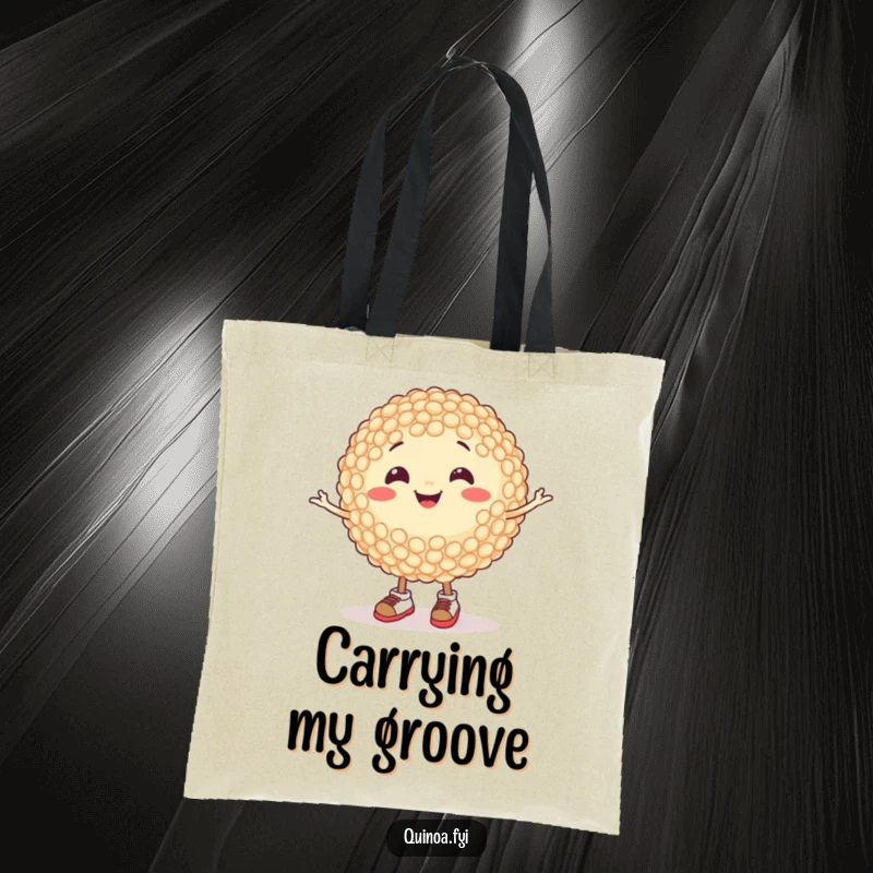 Funny tote bag with a spinning quinoa grain in tiny shoes, a humorous and cheerful design for everyday use, a great funny gift.