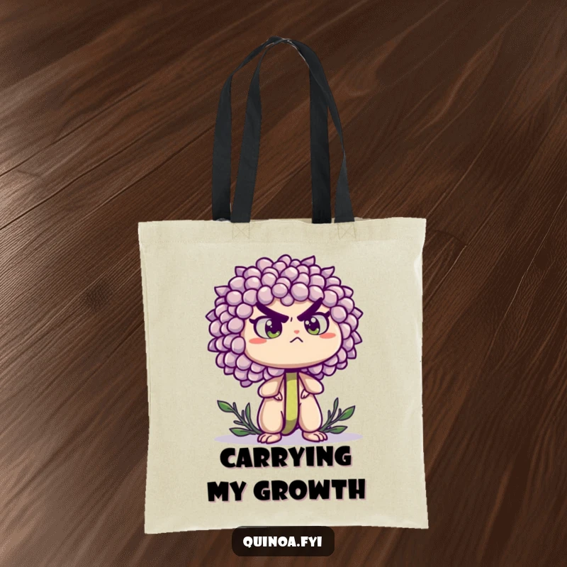 Funny tote bag with a determined quinoa sprout standing tall with a strong expression, ready to carry your ambitions.