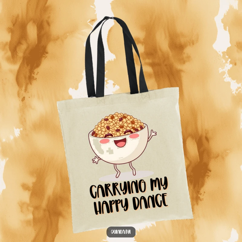 Funny Quinoa Tote Bag: A smiling anthropomorphic quinoa bowl with legs doing a joyful jig, perfect for carrying groceries and giggles.