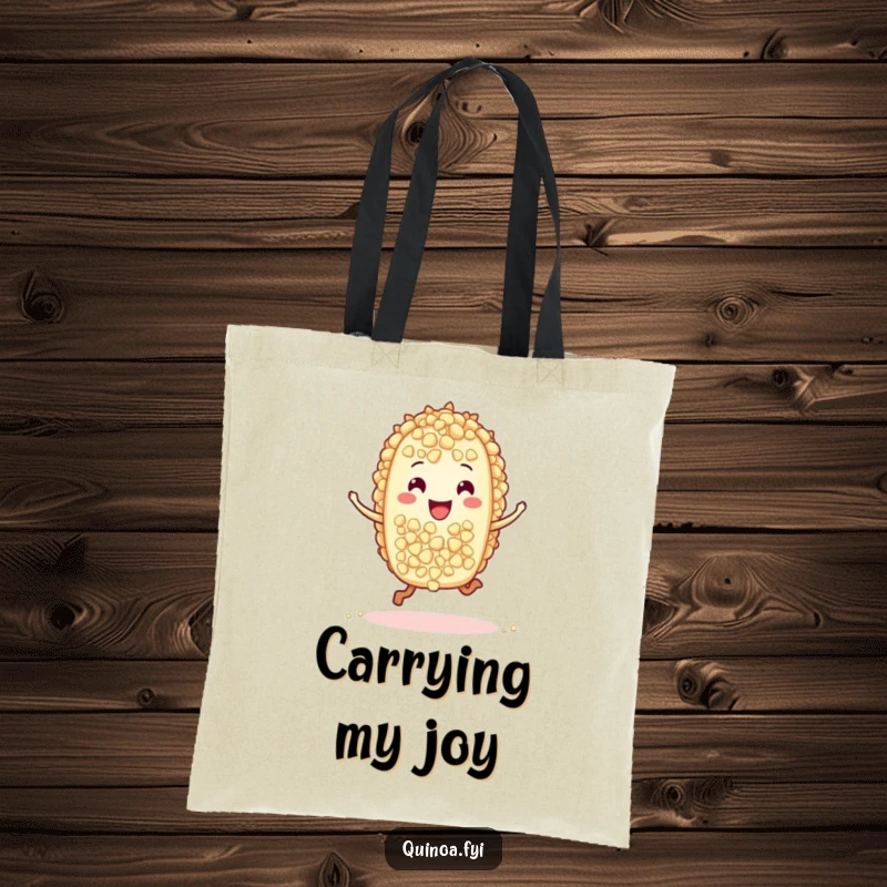 Funny tote bag with a delightful hopping quinoa grain character, perfect for groceries or daily essentials, radiating playful energy.