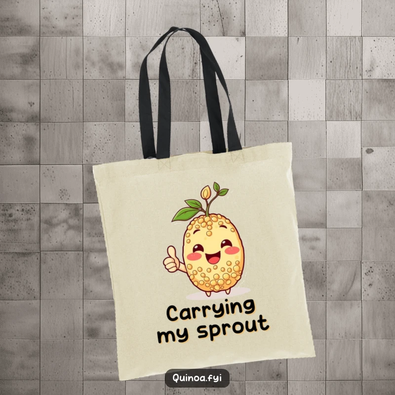Funny tote bag displaying a happy quinoa character with a sprout, giving a thumbs-up, symbolizing positivity and good vibes.