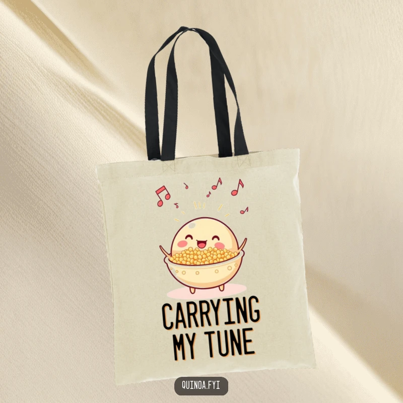 Funny beaming, anthropomorphic quinoa dish with musical notes floating tote bag, perfect for carrying groceries with a musical, healthy vibe.