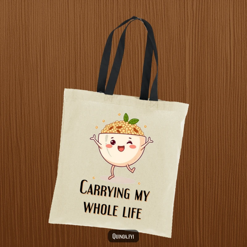 Funny tote bag with a cheerful anthropomorphic quinoa bowl doing cartwheels, perfect for groceries or daily errands, displaying healthy humor.