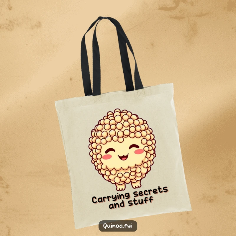 Funny tote bag showcasing a smiling quinoa cluster character with a cheeky grin, perfect for carrying essentials with attitude.