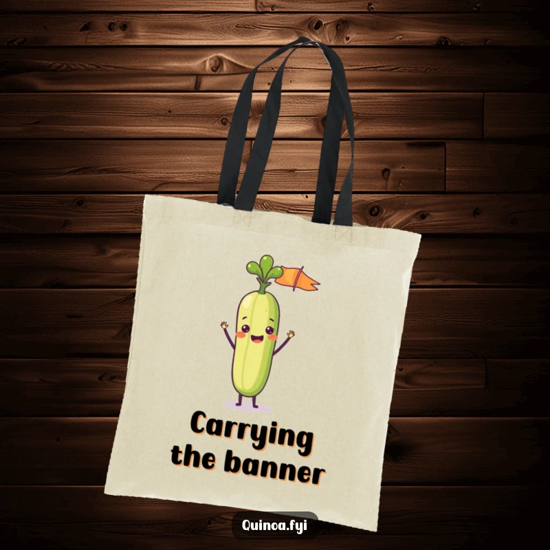 Funny tote bag featuring a delighted anthropomorphic vegetable stick waving a tiny flag, perfect for carrying items with celebratory spirit.