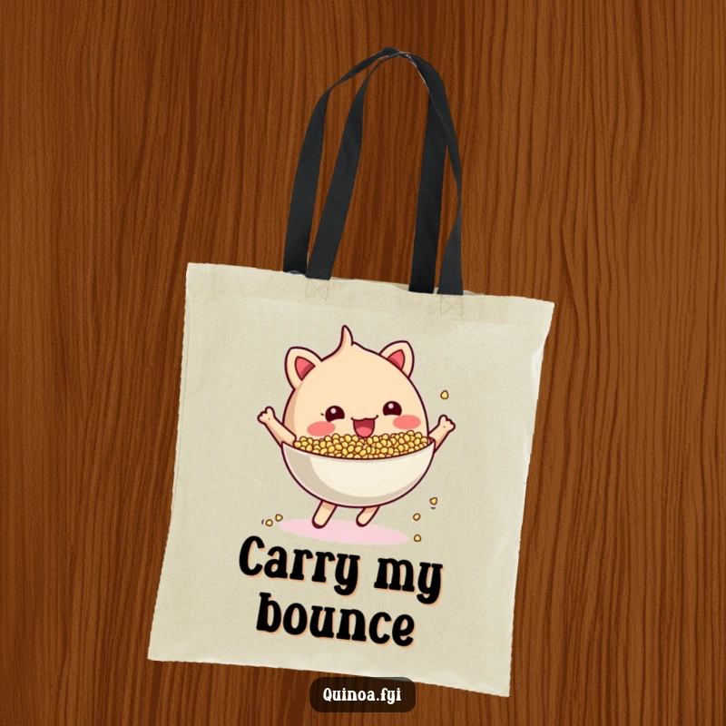 Funny cheerful, anthropomorphic quinoa bowl bouncing energetically tote bag, showcasing a lively design for carrying essentials with zest.