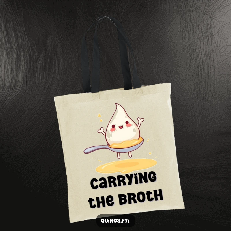 Funny tote bag showcasing a joyful anthropomorphic broth droplet gleefully riding a tiny spoon, perfect for everyday use.