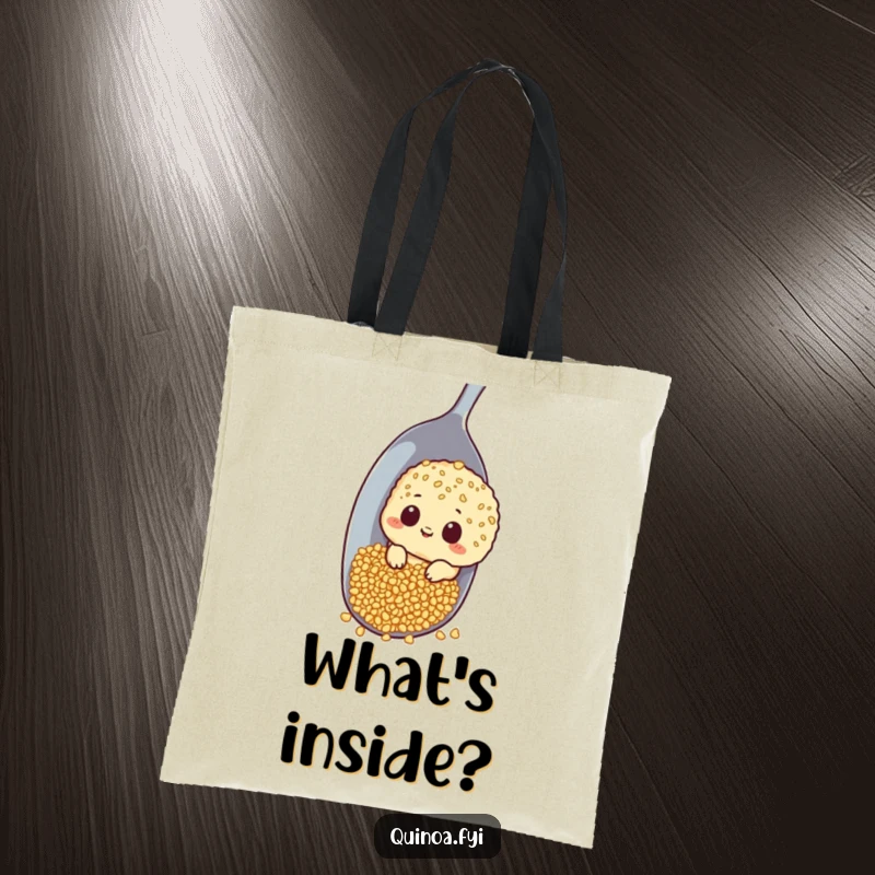 Funny tote bag featuring a curious quinoa character peeking around a giant spoon, perfect for stylish exploration.