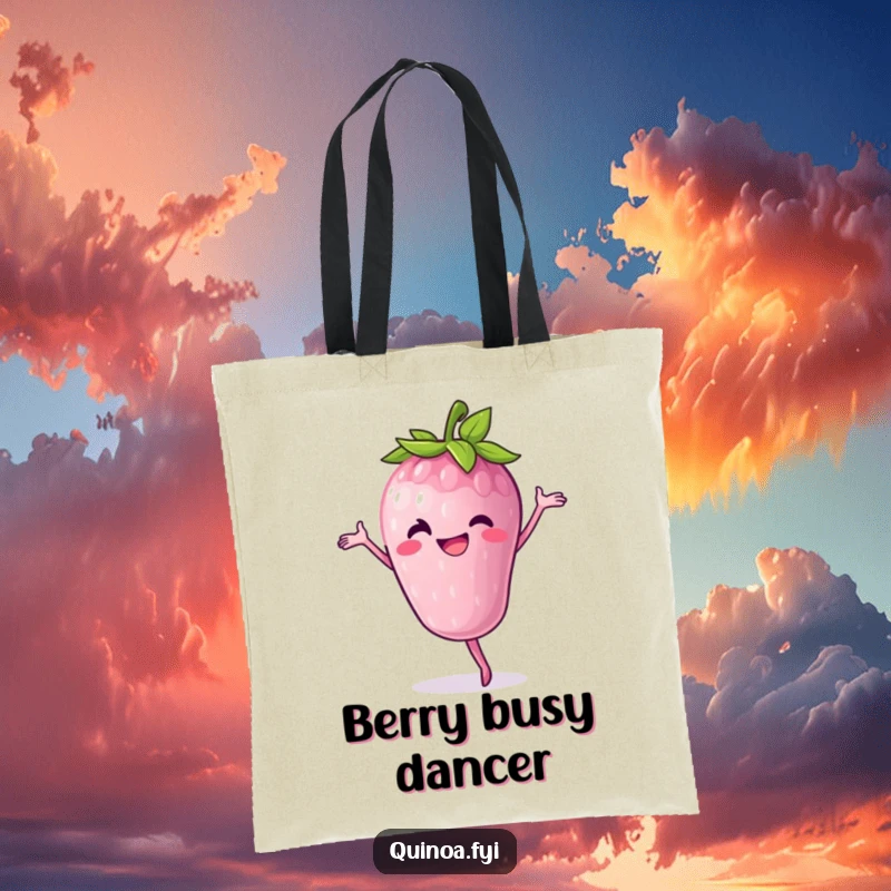 Funny Tote Bag: A cheerful anthropomorphic berry with a big grin performs a graceful pirouette, perfect for carrying joy.