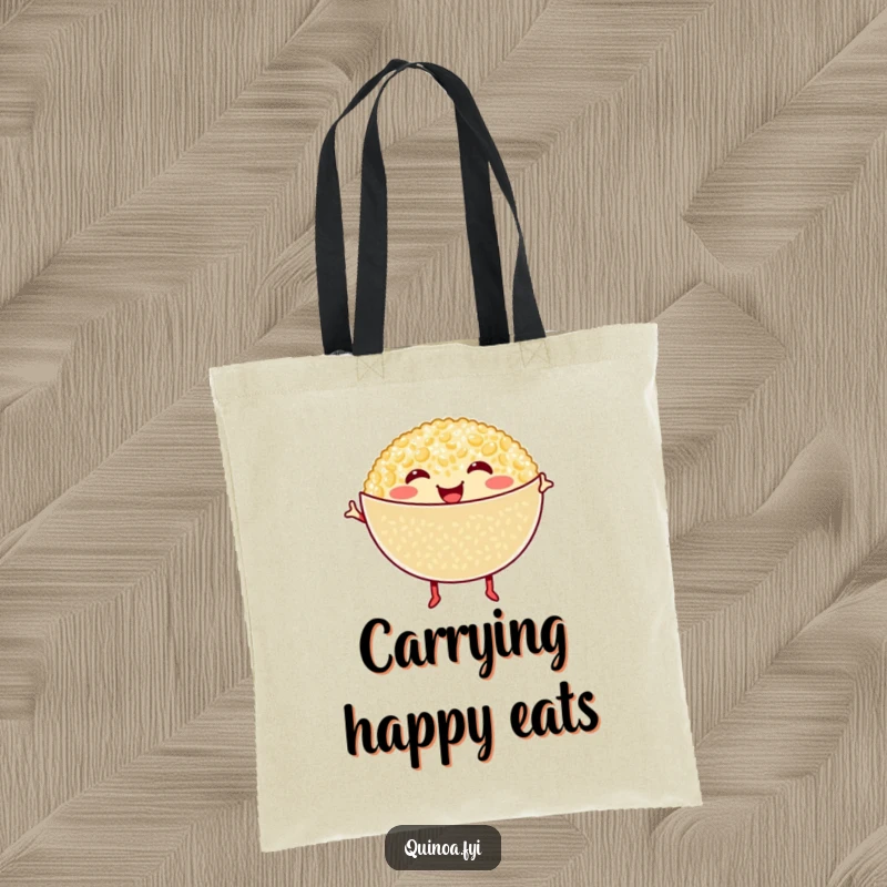 Funny Quinoa Tote Bag: A smiling quinoa bowl with tiny legs happily dances, perfect for carrying healthy essentials with flair.