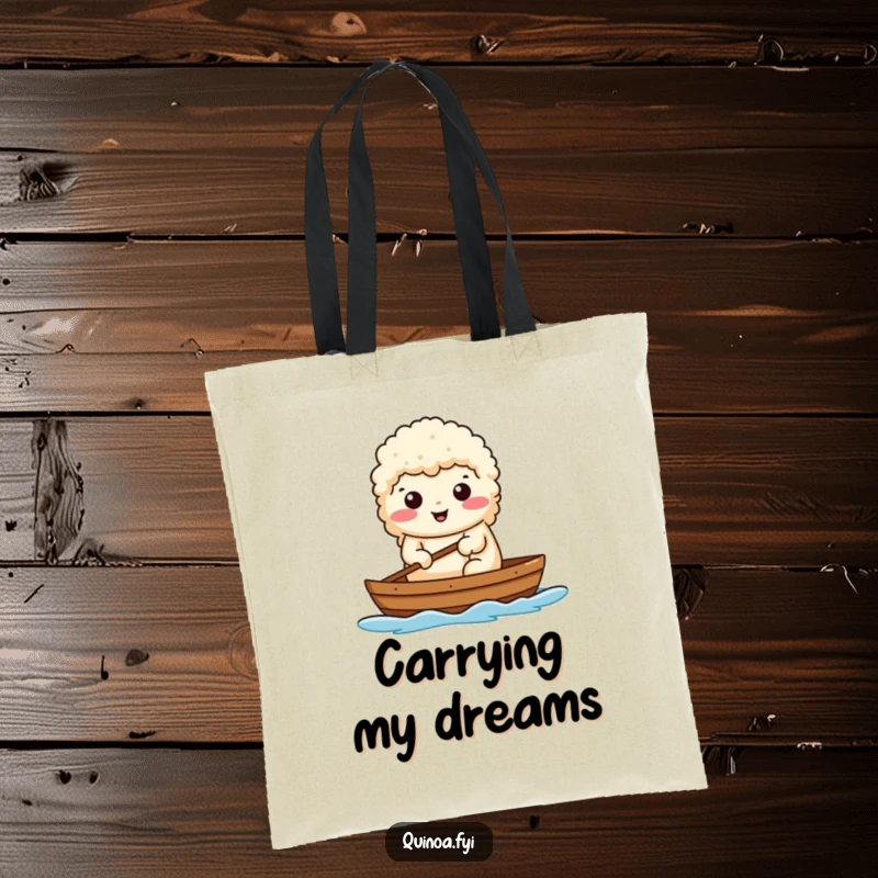 Funny tote bag featuring a determined quinoa character rowing a tiny boat, symbolizing purposeful journeys.
