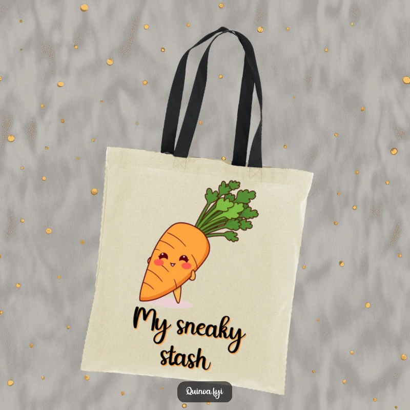Funny tote bag showcasing a giggling quinoa grain peeking playfully from behind a giant carrot.