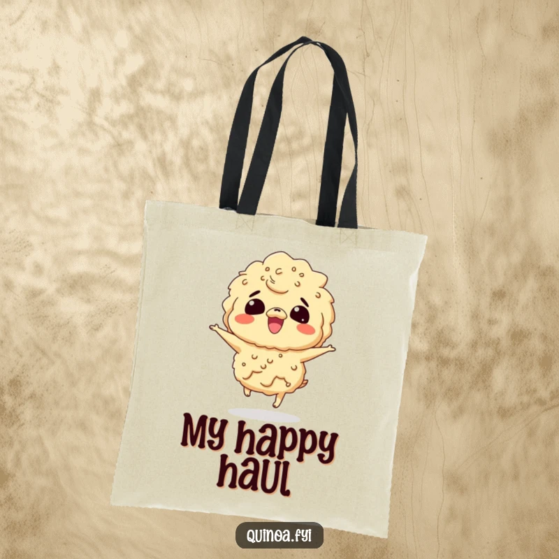Funny tote bag featuring a giggling quinoa character bouncing with excitement, ideal for stylish, happy shopping.